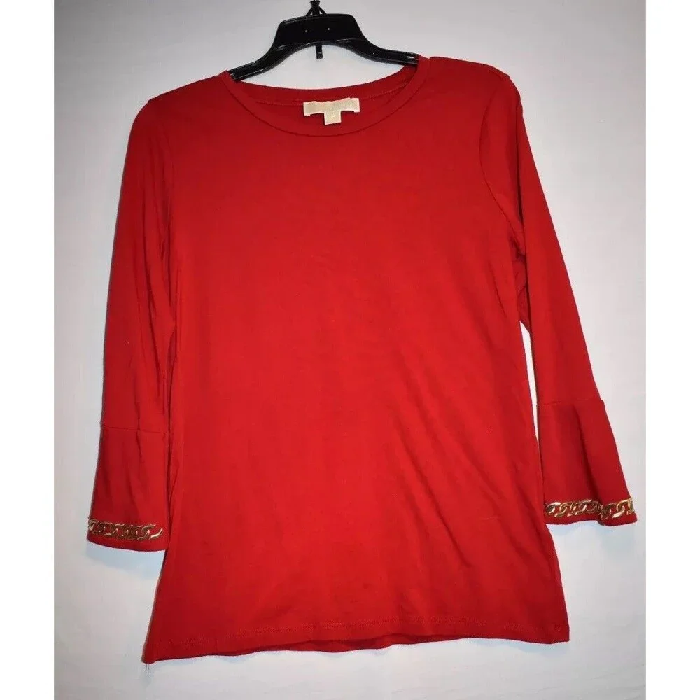 Michael Kors Gold  Studded  Top  Red Size Medium Bell Sleeves